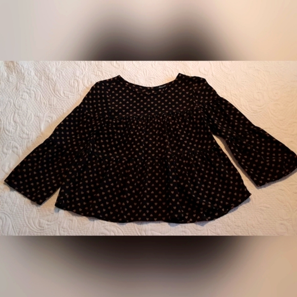 Madewell women's size XS 100% silk blouse black with taupe colored hearts VGUC